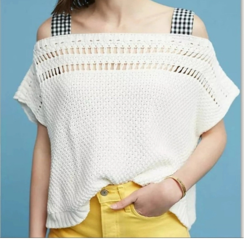 Anthropologie Maeve Gingham Ribbon Shoulder Tie White Top Beach Resort